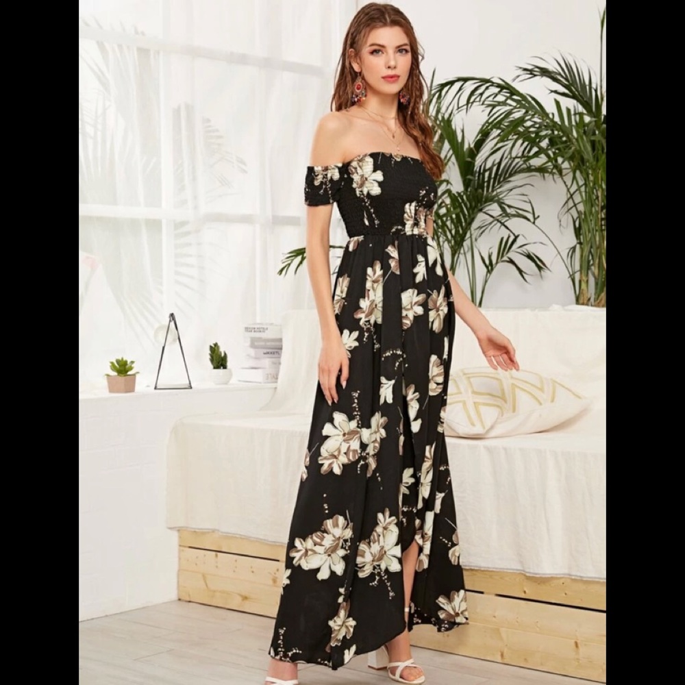 Floral Off Shoulder Split Thigh Shirred Dress